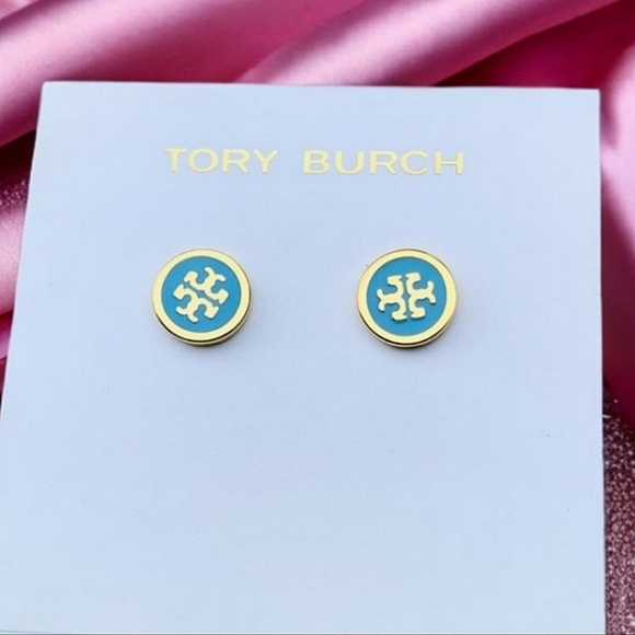 Tory Burch Tiffany Blue Lacquered Logo Studs - Picture 2 of 6